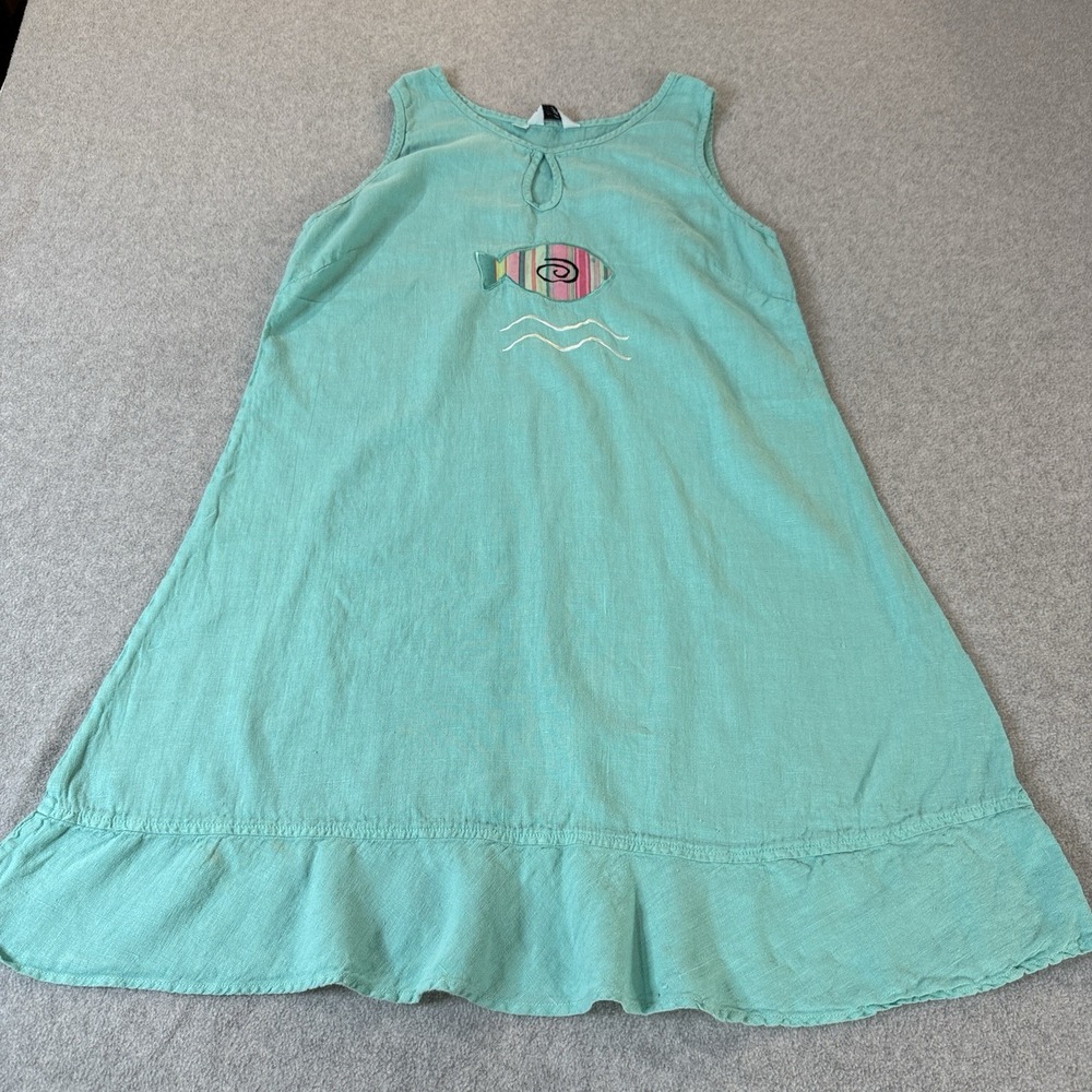 Vintage Liz And Jane Linen Dress Women M Fish Appliqué Sleeveless A-Line Dress